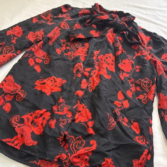 Tory Burch Top Womens 2 Printed Bow Blouse Black Mountain Paisley Silk Elegant - Picture 4 of 8